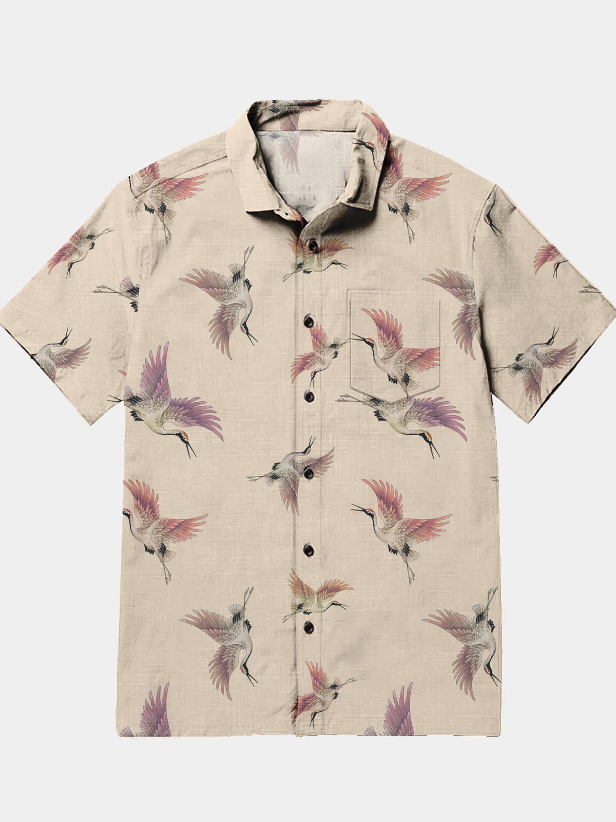 Men's Casual Crane Animal Print Lapel Pocket Short Sleeve Shirt