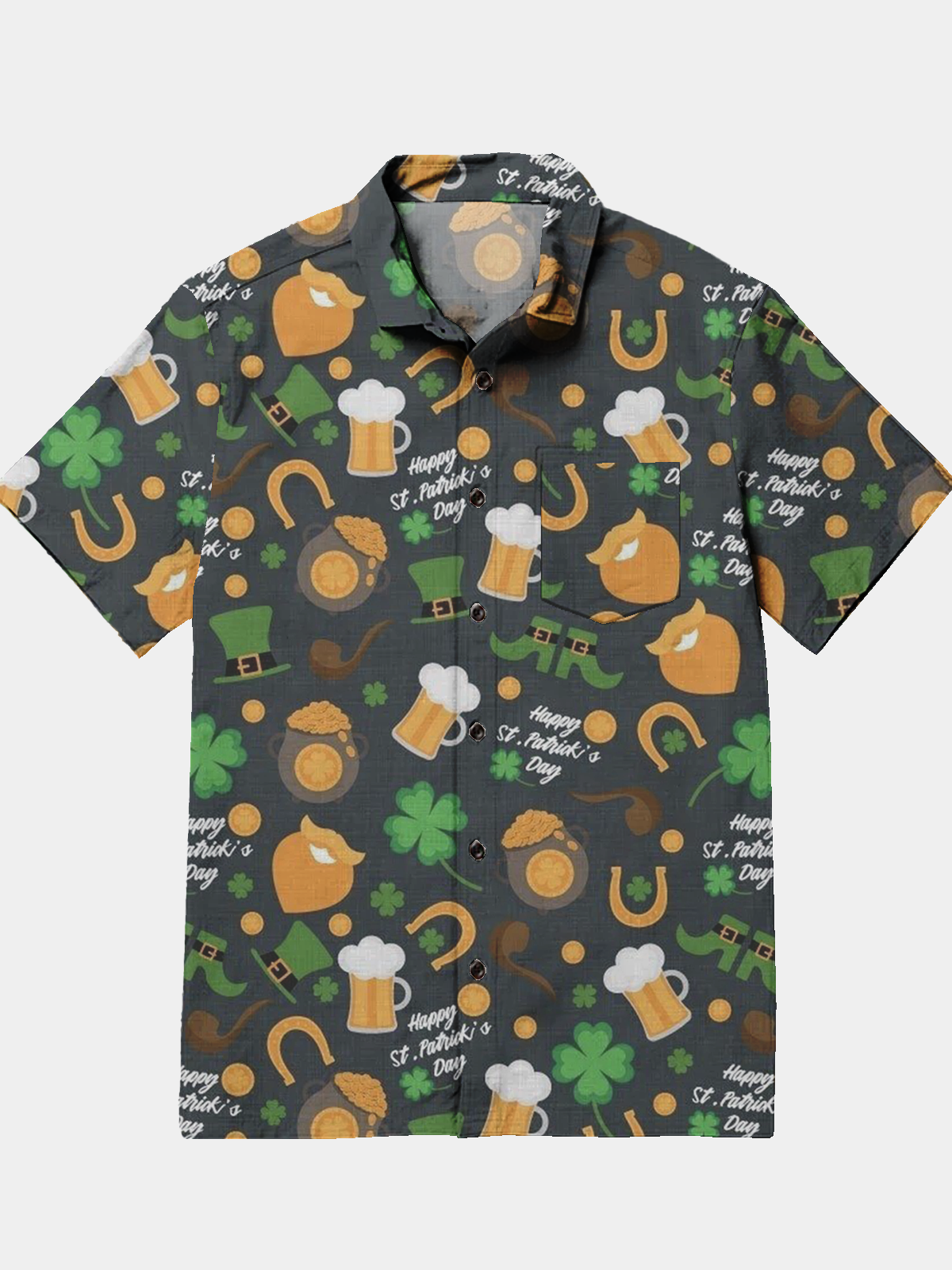 Men's Festive St Patrick's Day Element Printed Lapel Pocket Short Sleeve Shirt
