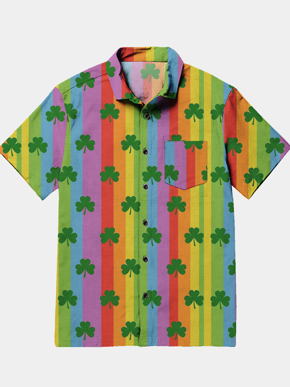 Men's Festive St Patrick's Day Elements Rainbow Print Lapel Pocket Short Sleeve Shirt