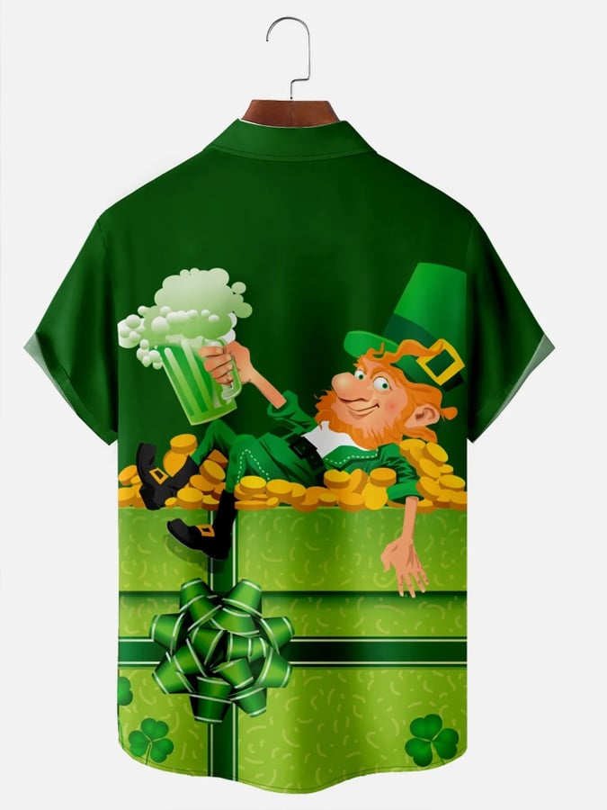 Men's Festive St. Patrick's Beer Gnome Element Print Lapel Short Sleeve Bowling Shirt