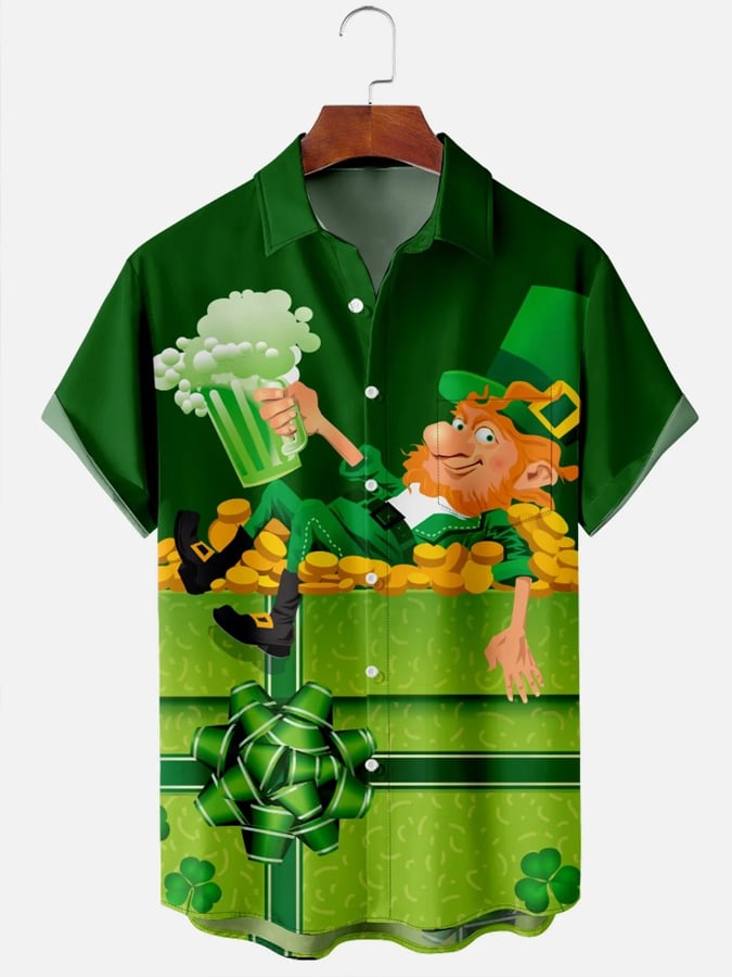 Men's Festive St. Patrick's Beer Gnome Element Print Lapel Short Sleeve Bowling Shirt