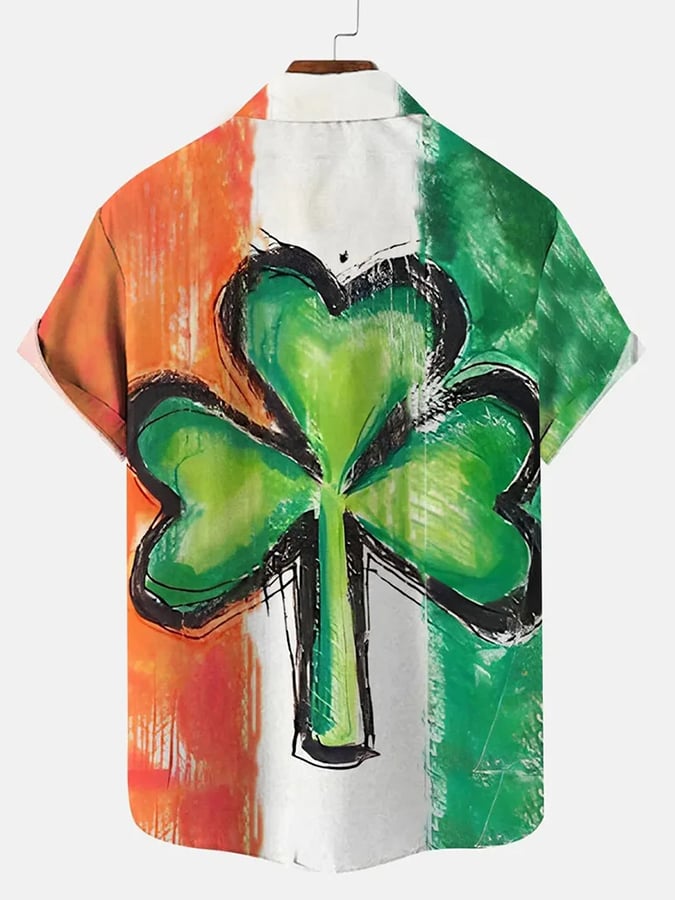 Men's Festive St. Patrick's Flag Shamrock Element Print Lapel Short Sleeve Bowling Shirt