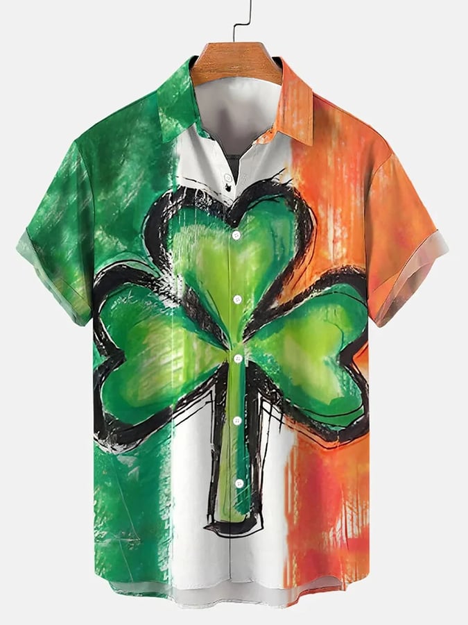 Men's Festive St. Patrick's Flag Shamrock Element Print Lapel Short Sleeve Bowling Shirt