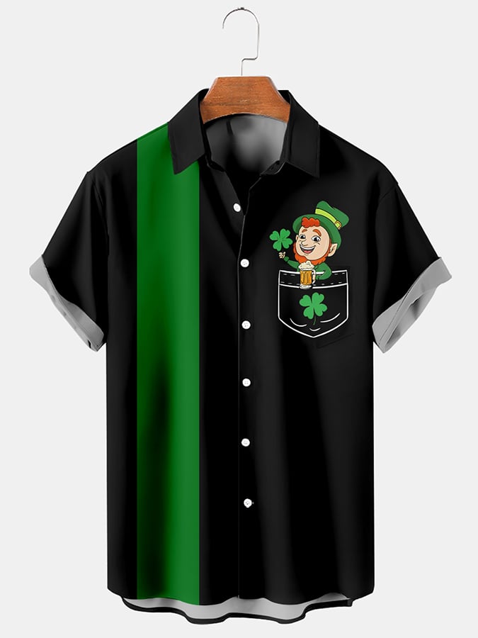 Men's Festive St. Patrick's Flag Shamrock Element Print Lapel Short Sleeve Shirt