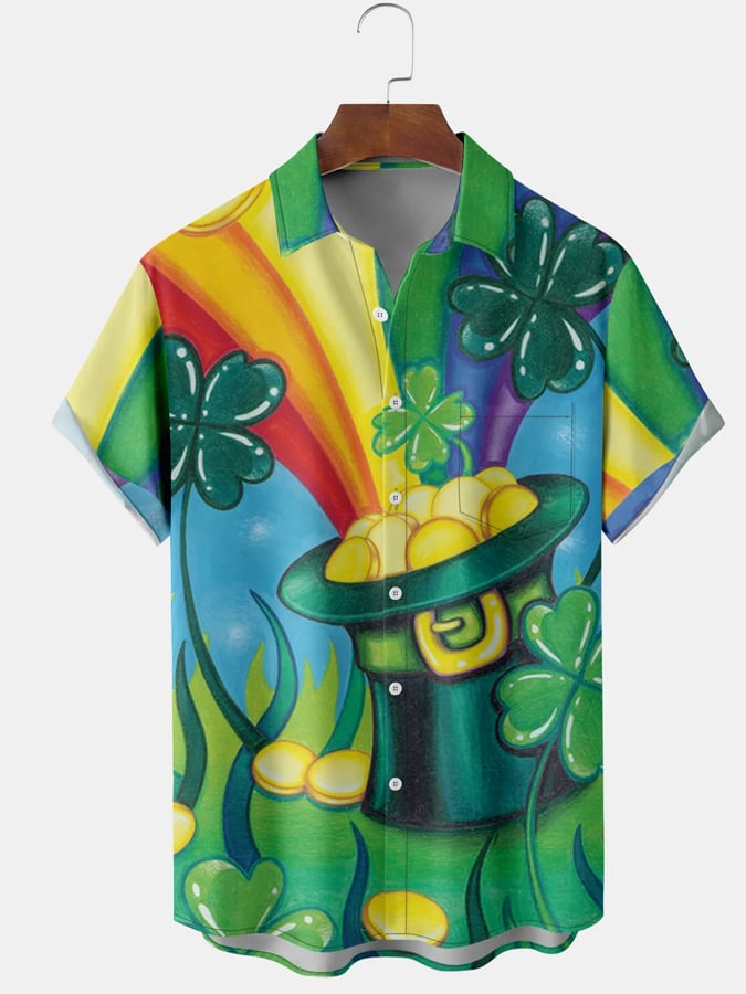 Men's Festive St. Patrick's Rainbow Bowler Hat Element Printed Lapel Short Sleeve Bowling Shirt