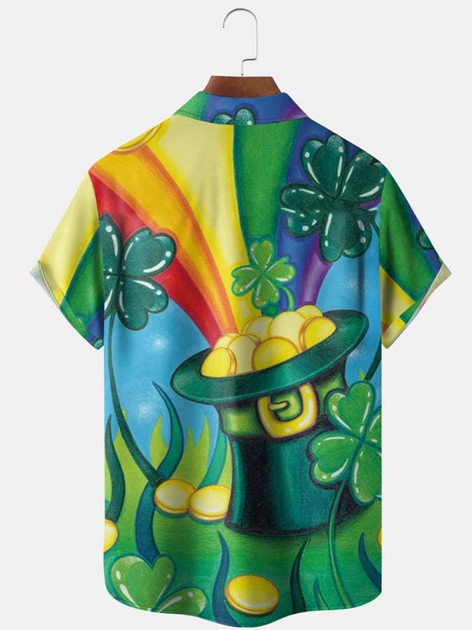 Men's Festive St. Patrick's Rainbow Bowler Hat Element Printed Lapel Short Sleeve Bowling Shirt