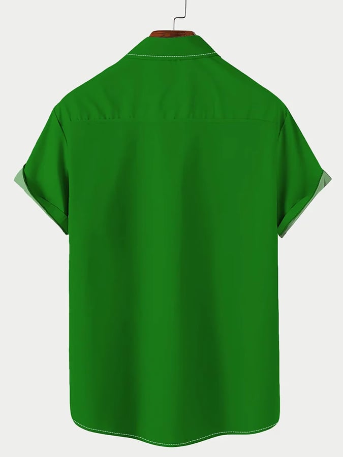 Men's Festive St. Patrick's Shamrock Element Printed Lapel Short Sleeve Shirt