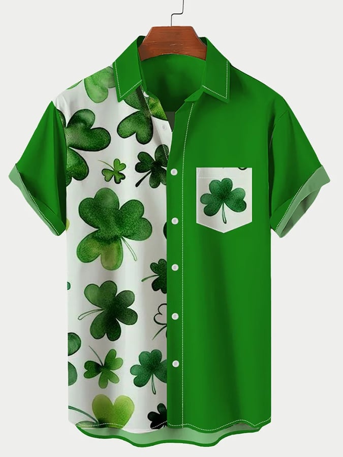Men's Festive St. Patrick's Shamrock Element Printed Lapel Short Sleeve Shirt
