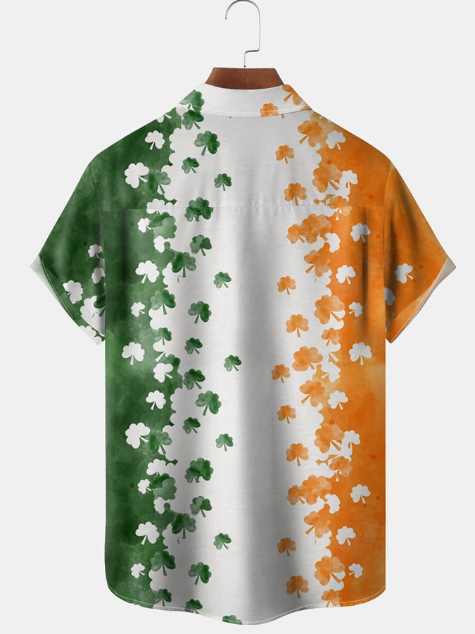 Men's Festive St. Patrick's Shamrock Element Printed Lapel Short Sleeve Shirt