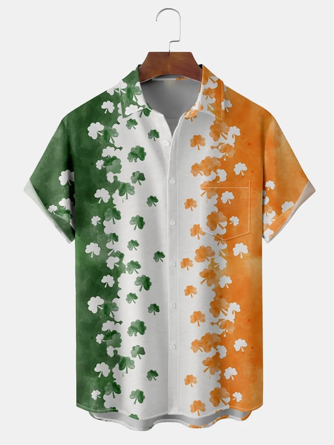 Men's Festive St. Patrick's Shamrock Element Printed Lapel Short Sleeve Shirt
