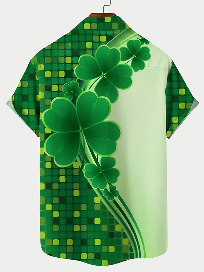 Men's Festive St. Patrick's Gradient Shamrock Print Lapel Short Sleeve Shirt