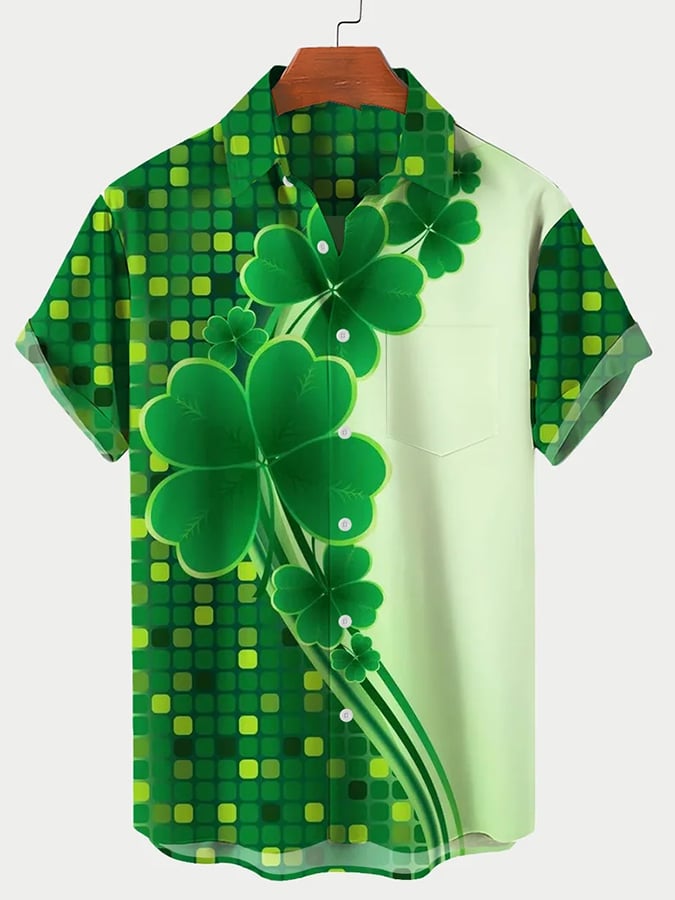Men's Festive St. Patrick's Gradient Shamrock Print Lapel Short Sleeve Shirt