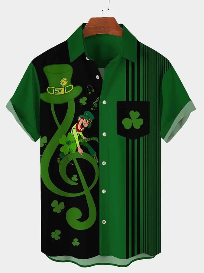 Men's Festive St. Patrick's Music Shamrock Print Lapel Short Sleeve Shirt