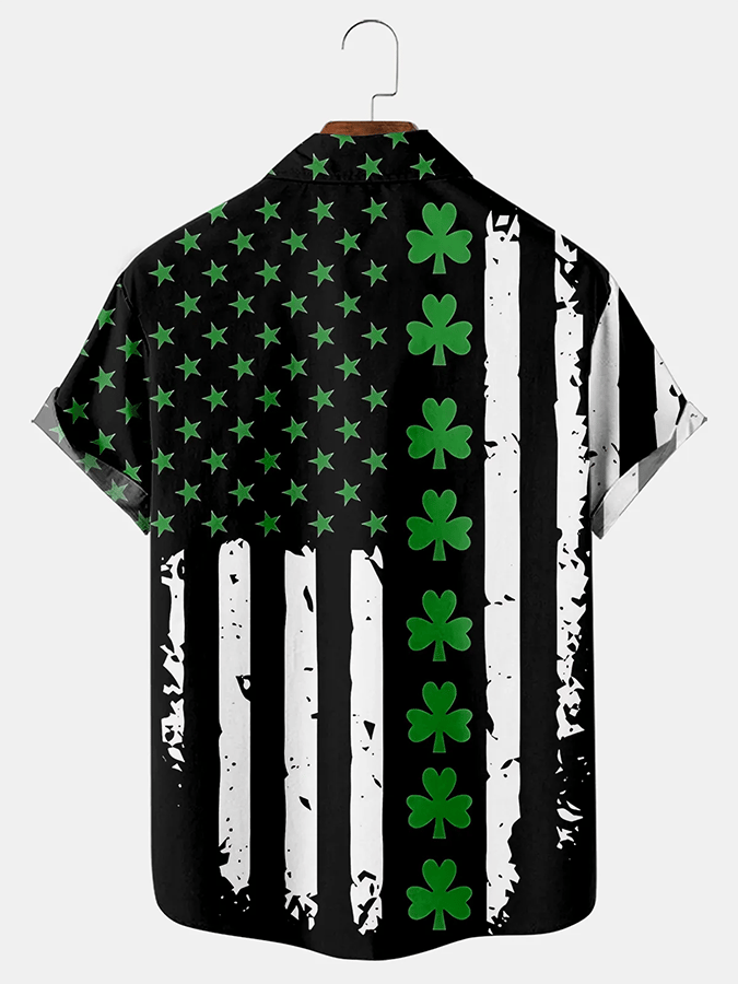 Men's Festive St. Patrick's Flag Gnome Print Lapel Short Sleeve Shirt