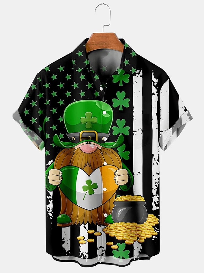 Men's Festive St. Patrick's Flag Gnome Print Lapel Short Sleeve Shirt