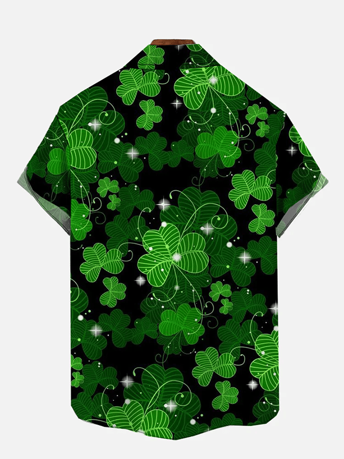 Men's Festive St. Patrick's Belle Shamrock Print Lapel Short Sleeve Shirt