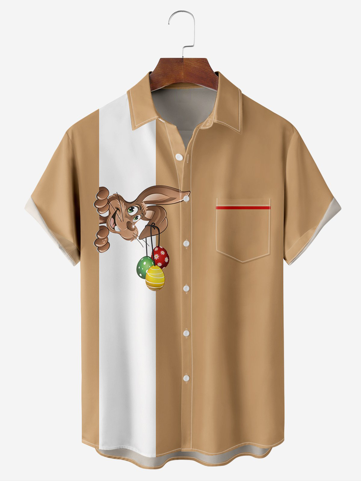 Men's Holiday Bunny Element Print Lapel Pocket Short Sleeve Bowling Shirt