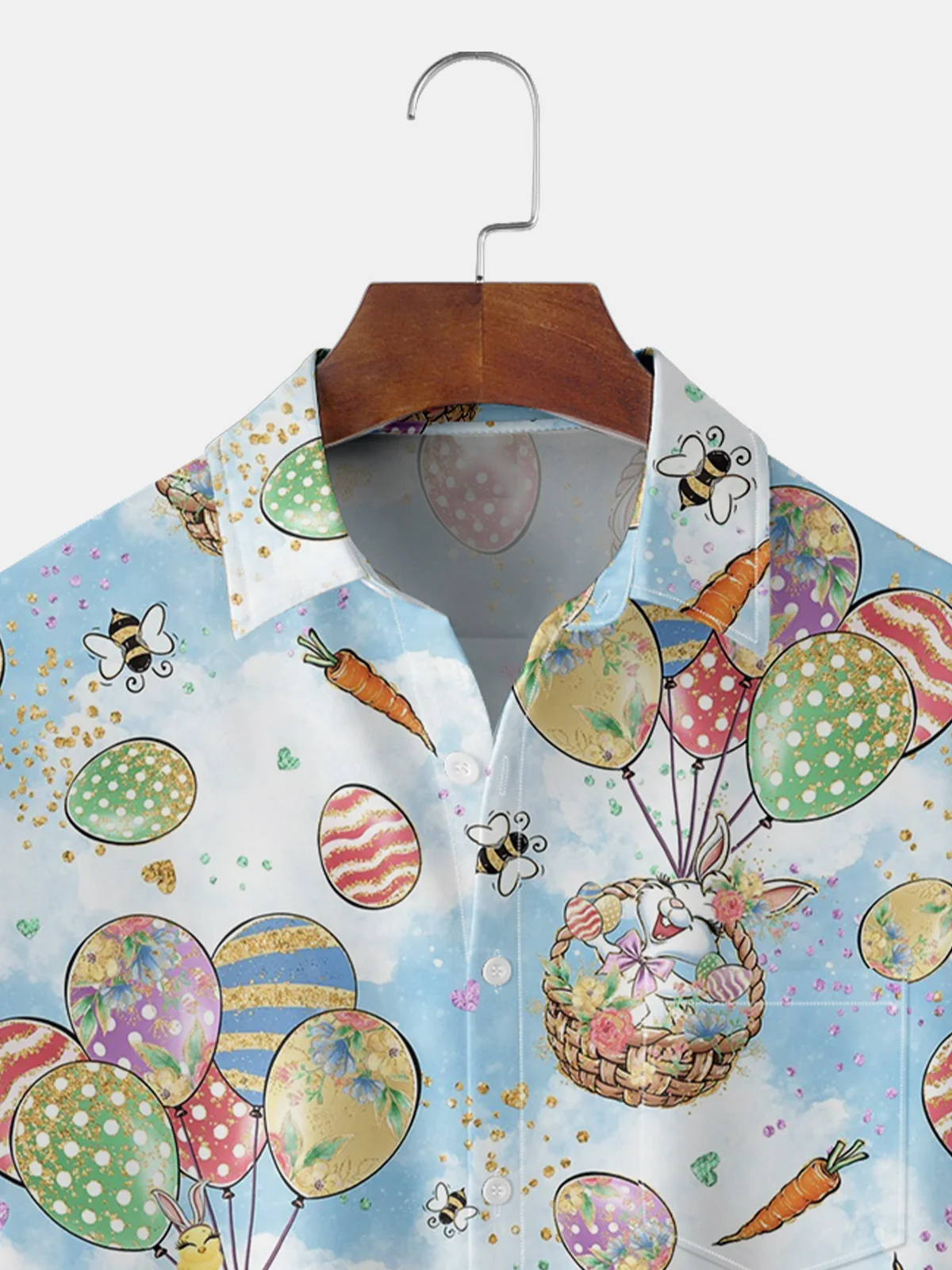 Men's Holiday Egg Bunny Element Print Lapel Pocket Short Sleeve Shirt
