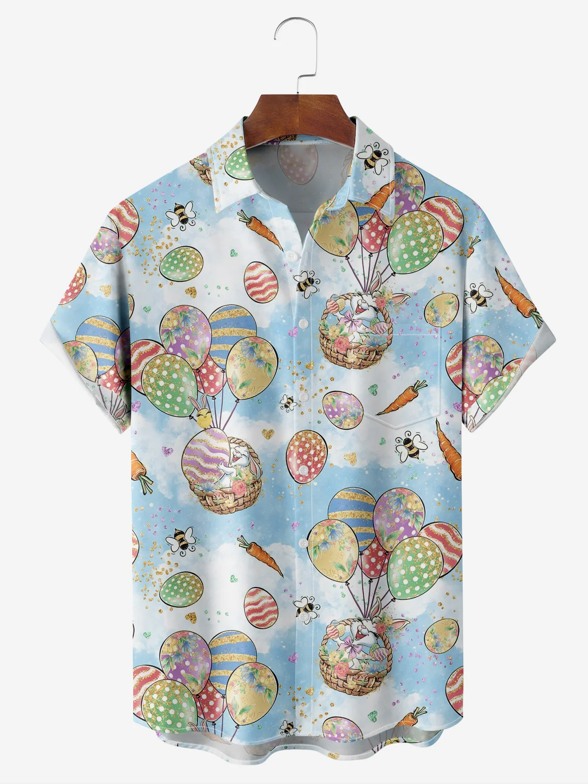 Men's Holiday Egg Bunny Element Print Lapel Pocket Short Sleeve Shirt