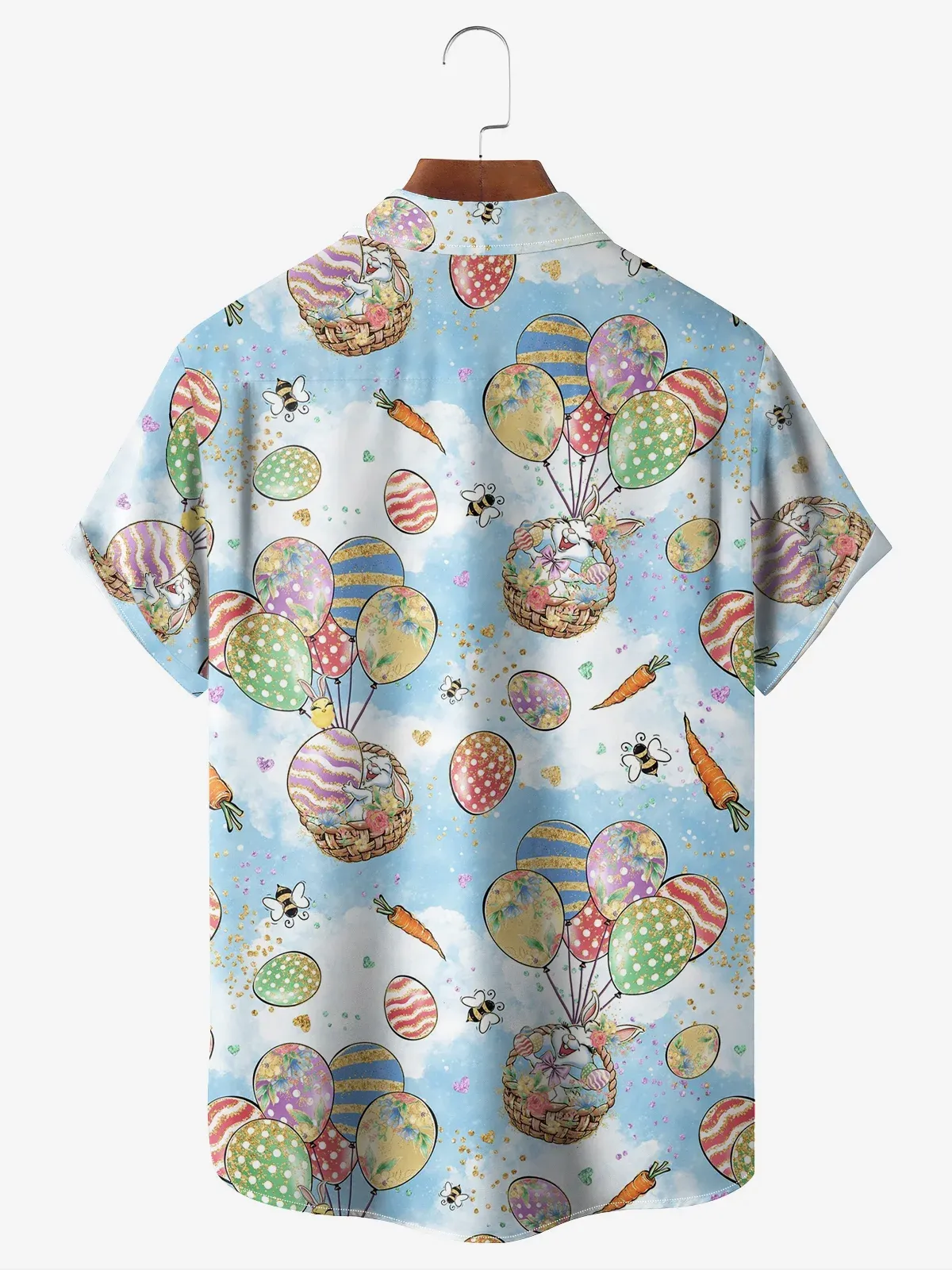 Men's Holiday Egg Bunny Element Print Lapel Pocket Short Sleeve Shirt