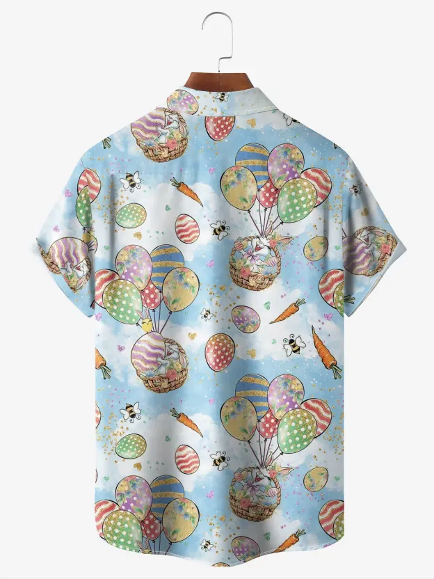 Men's Holiday Egg Bunny Element Print Lapel Pocket Short Sleeve Shirt