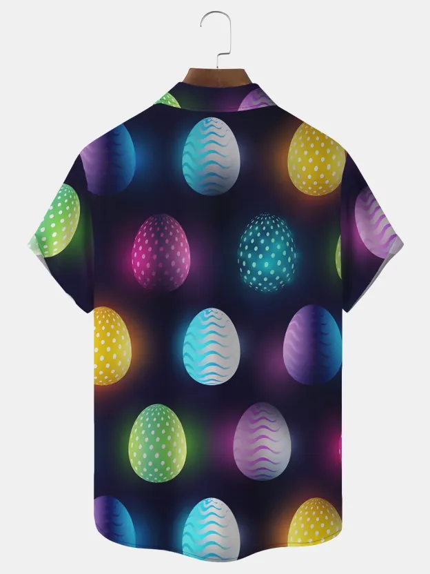Men's Holiday Dazzle Egg Print Lapel Pocket Short Sleeve Shirt