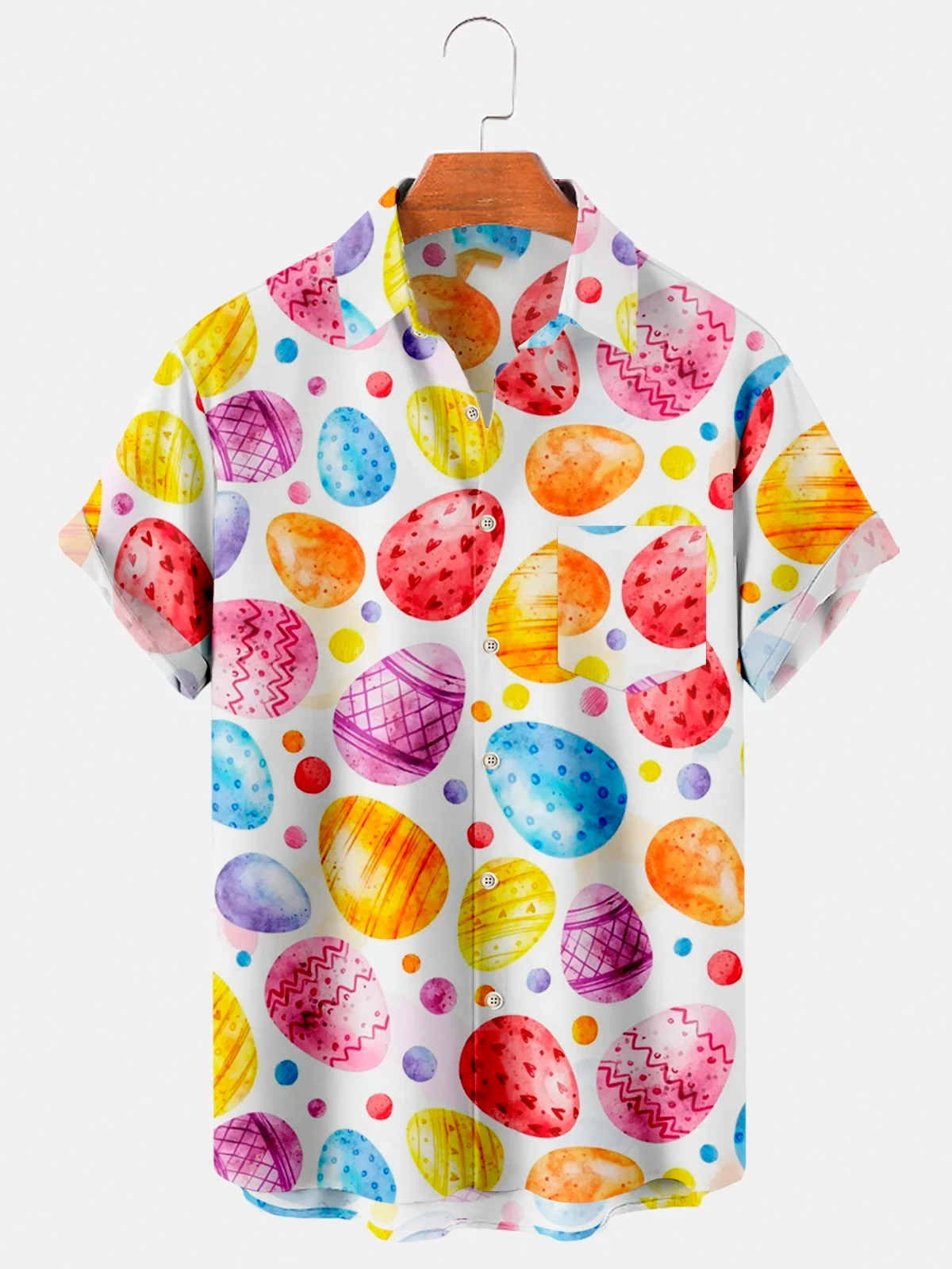 Men's Holiday Egg Print Lapel Pocket Short Sleeve Shirt