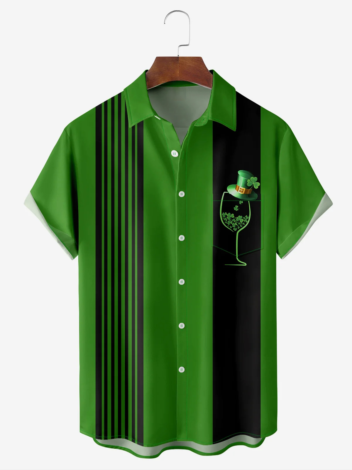 Men's Festival Shamrock Wine Glass Print Lapel Pocket Short Sleeve Bowling Shirt