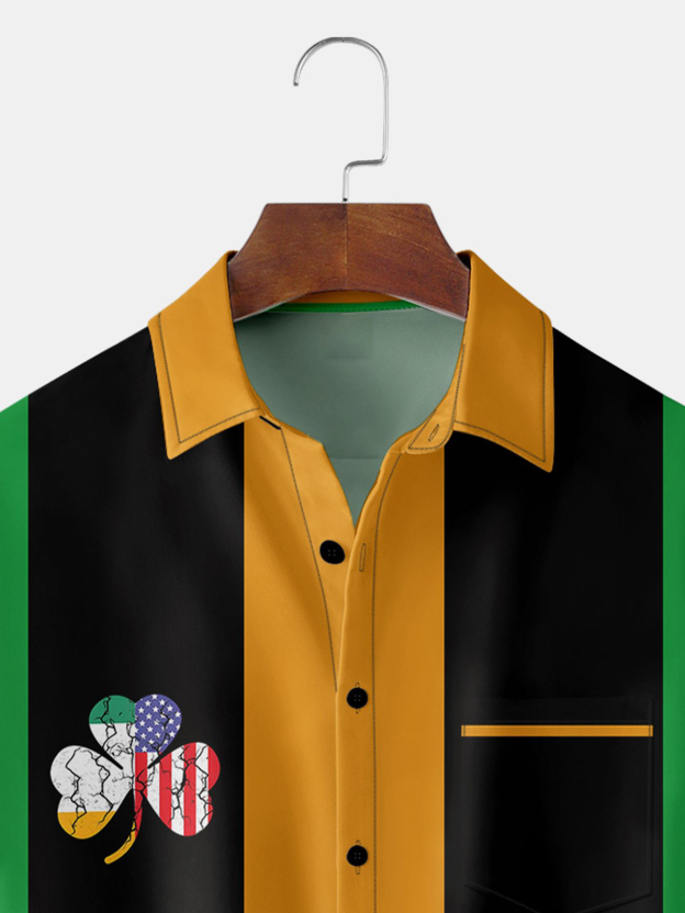 Men's Holiday Colorblock Shamrock Print Lapel Pocket Short Sleeve Bowling Shirt