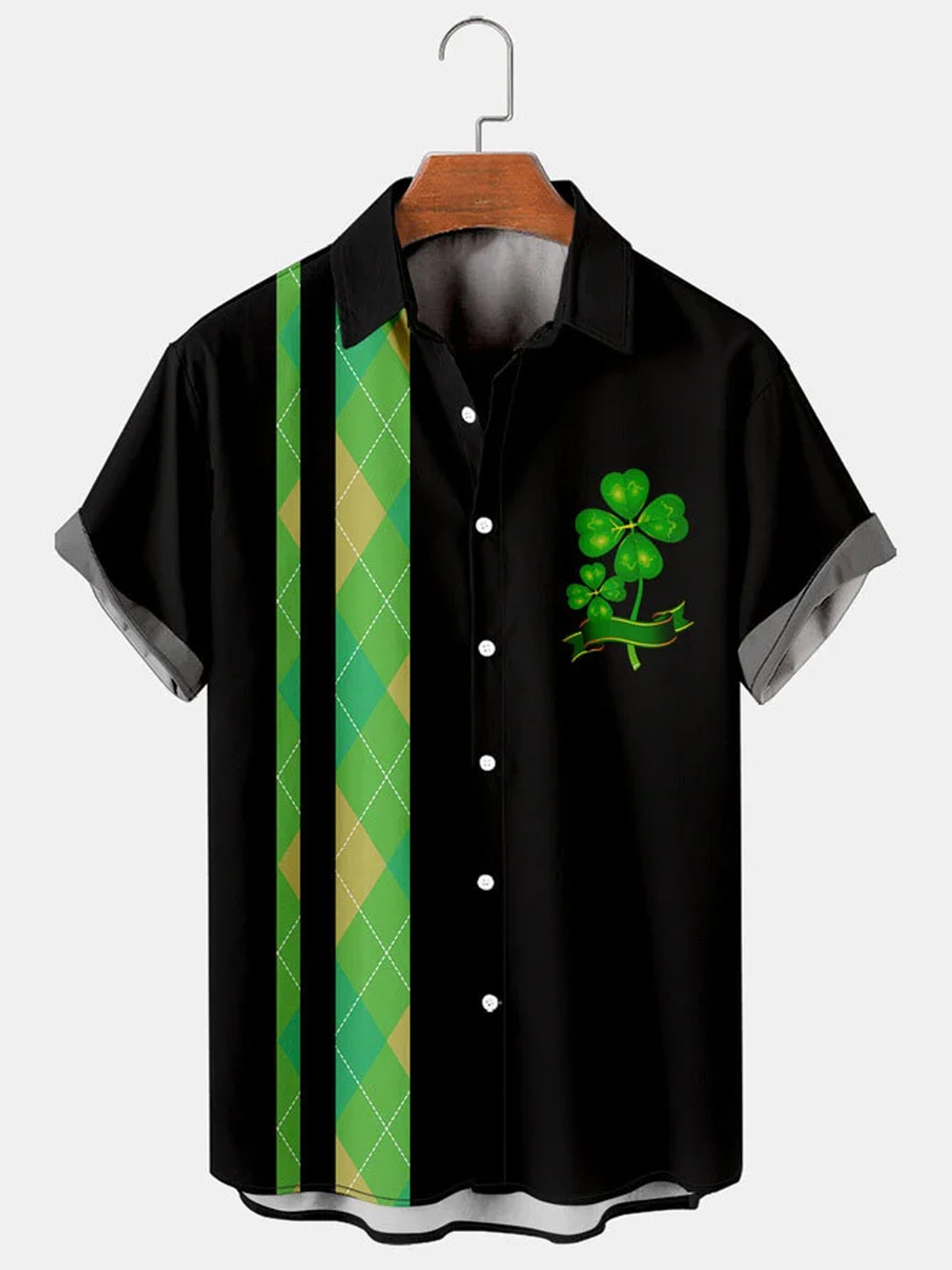 Men's Festival Shamrock Print Lapel Pocket Short Sleeve Bowling Shirt