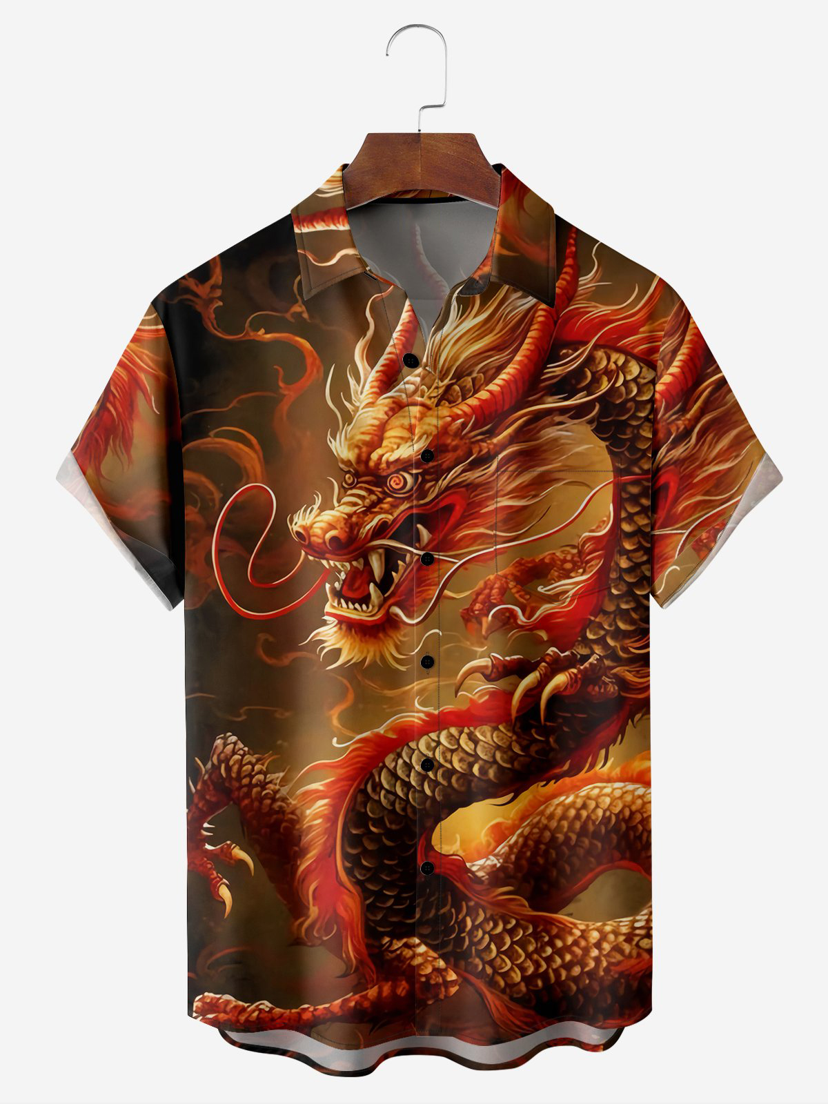 Men's Casual 3D Dragon Element Printed Lapel Pocket Short Sleeve Shirt