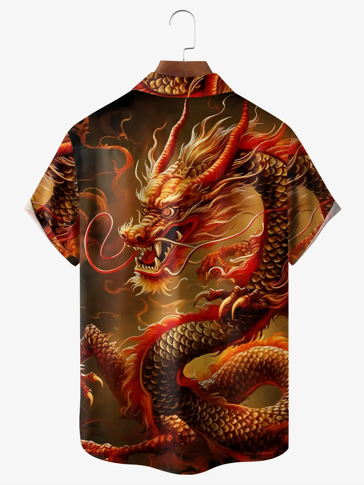 Men's Casual 3D Dragon Element Printed Lapel Pocket Short Sleeve Shirt