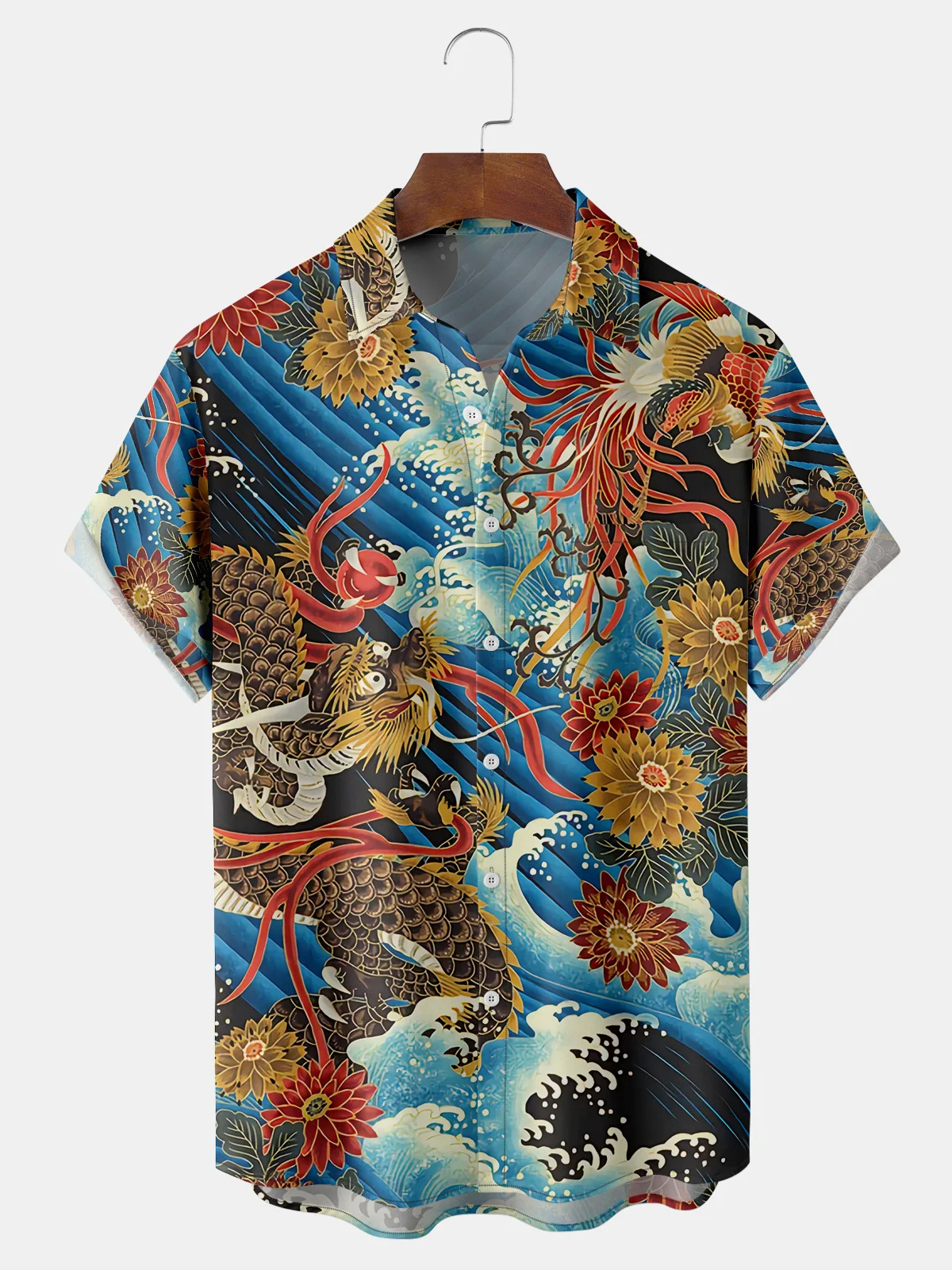 Men's Casual Ukiyo-e Dragon Element Printed Lapel Pocket Short Sleeve Shirt