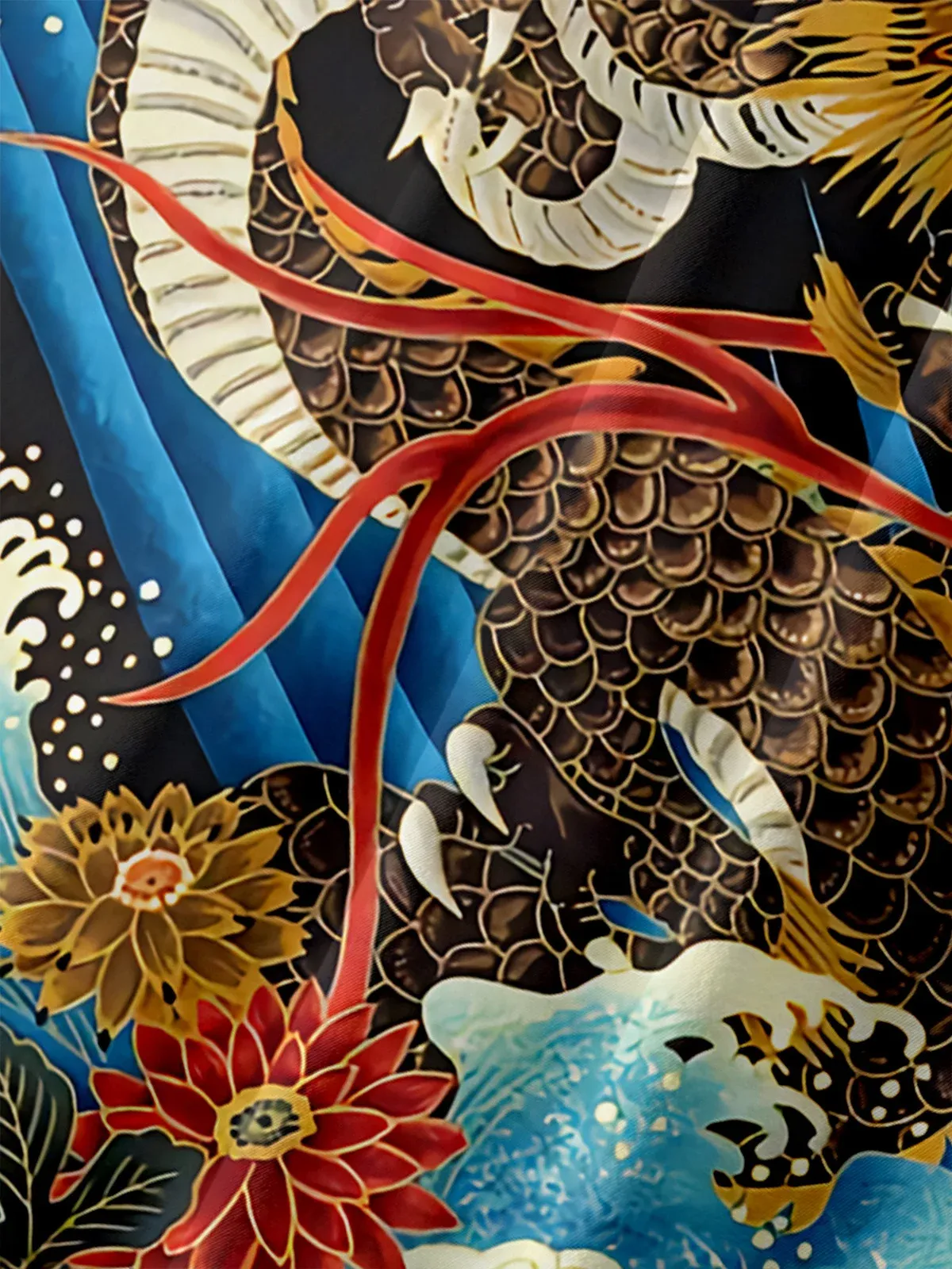 Men's Casual Ukiyo-e Dragon Element Printed Lapel Pocket Short Sleeve Shirt