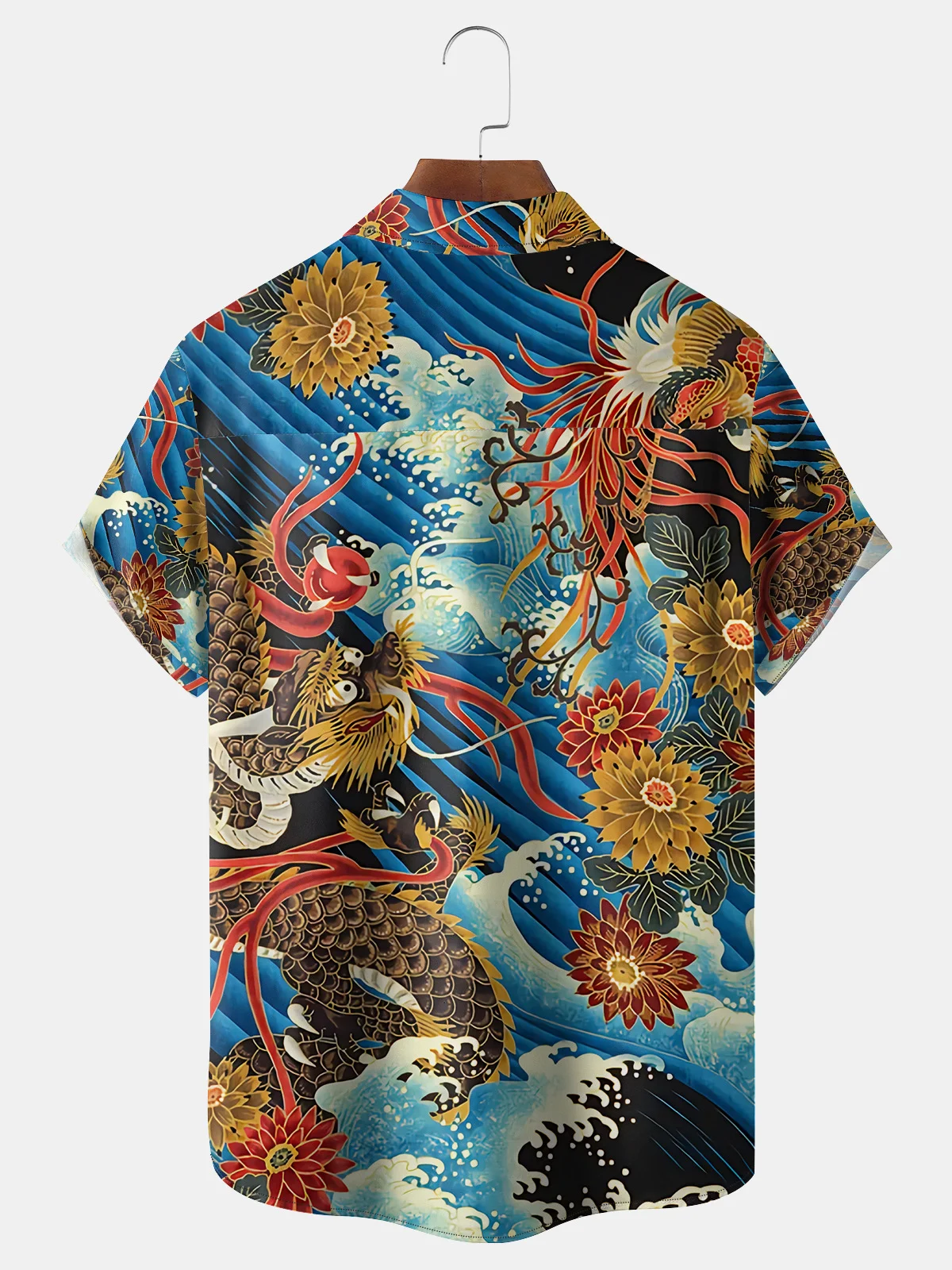 Men's Casual Ukiyo-e Dragon Element Printed Lapel Pocket Short Sleeve Shirt
