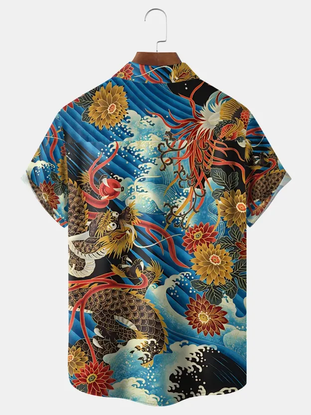 Men's Casual Ukiyo-e Dragon Element Printed Lapel Pocket Short Sleeve Shirt