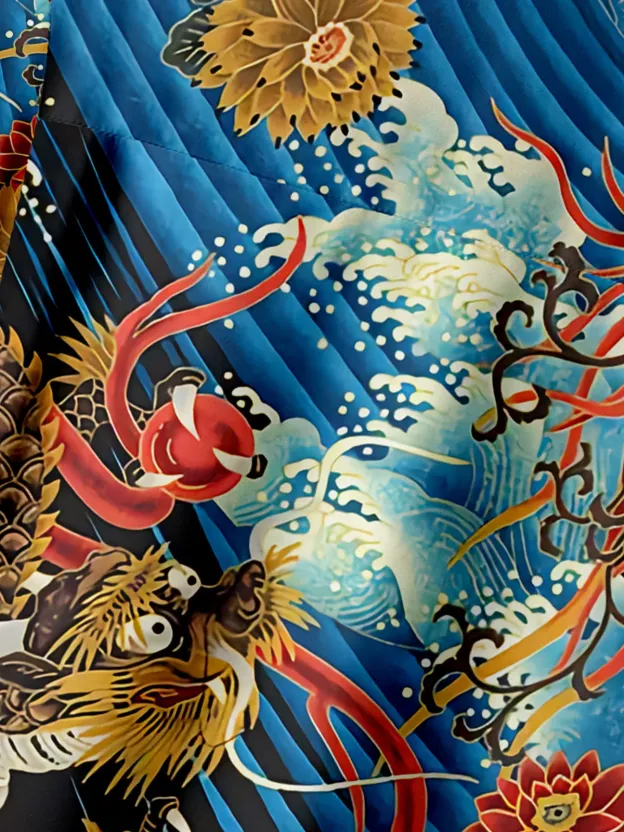 Men's Casual Ukiyo-e Dragon Element Printed Lapel Pocket Short Sleeve Shirt