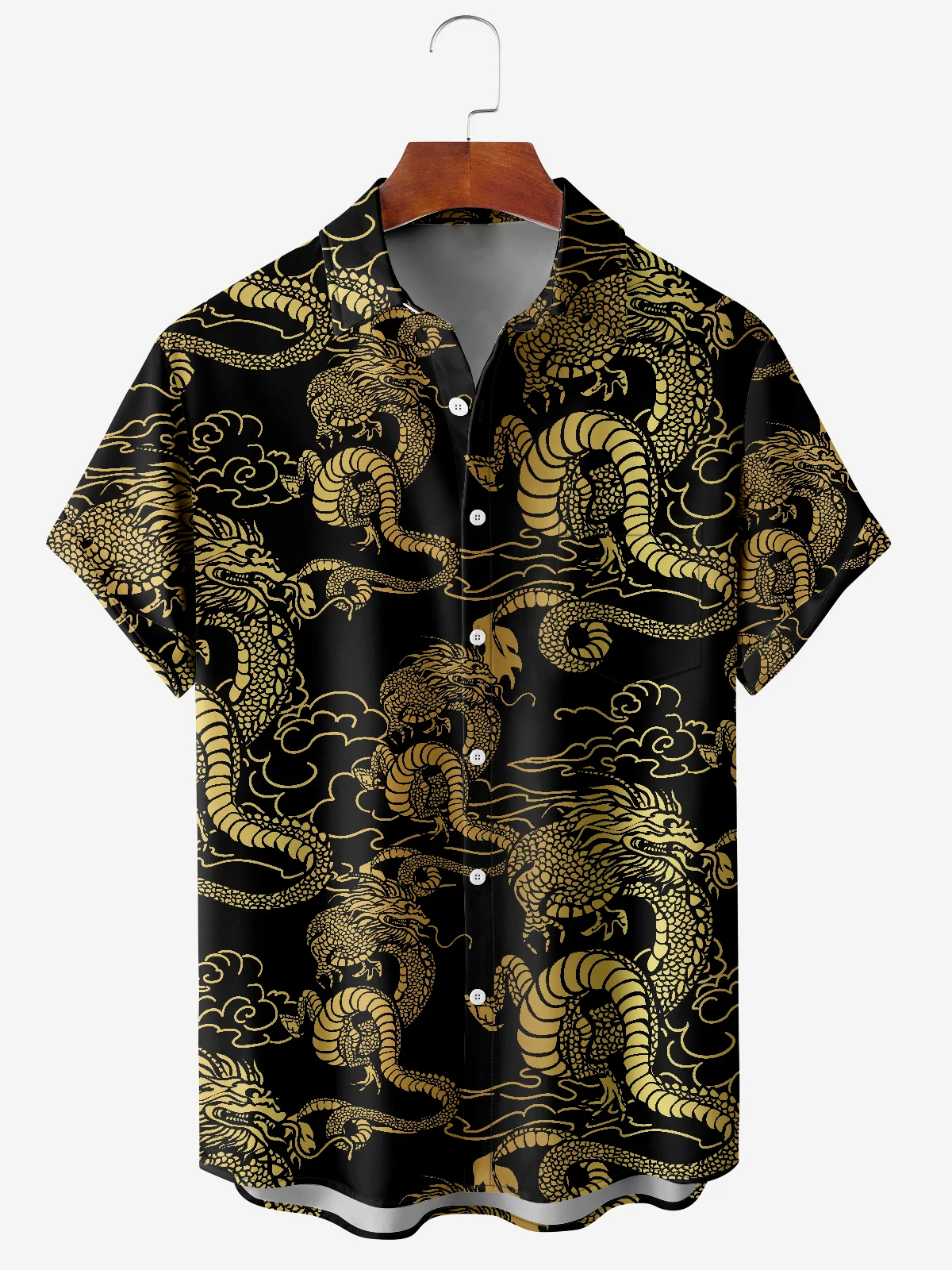 Men's Casual Gold Dragon Element Printed Lapel Pocket Short Sleeve Shirt
