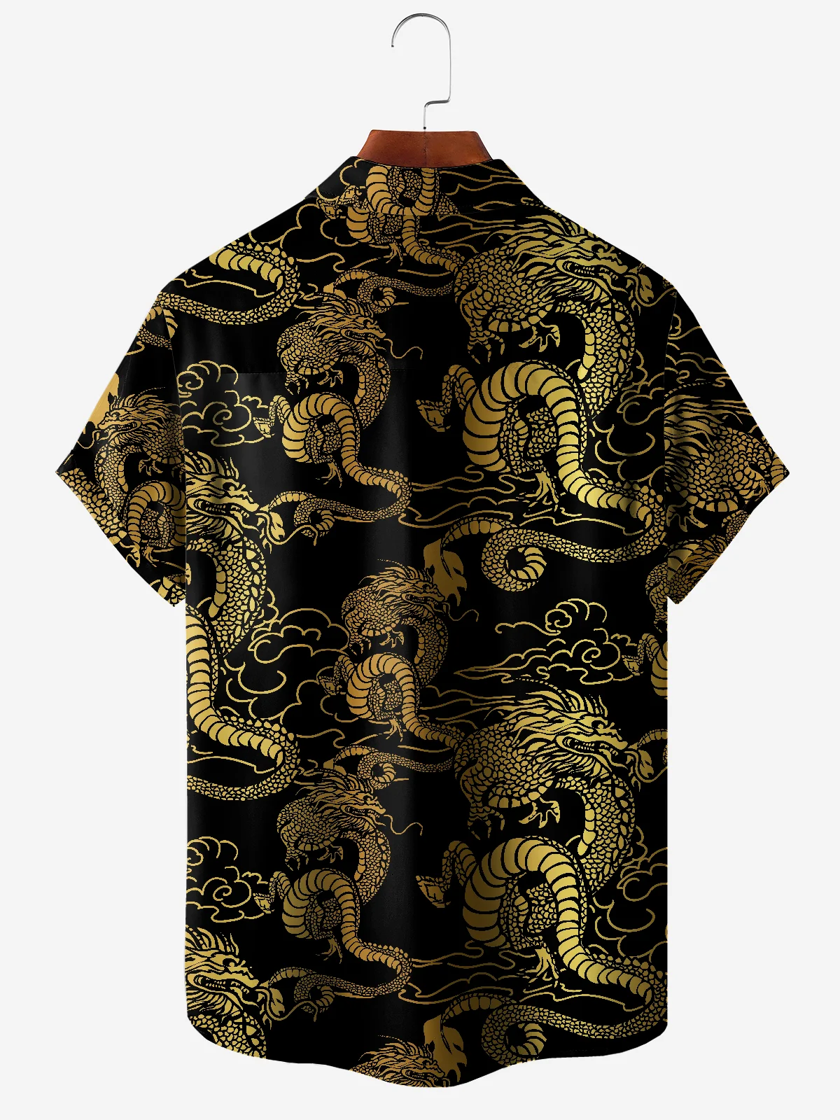 Men's Casual Gold Dragon Element Printed Lapel Pocket Short Sleeve Shirt