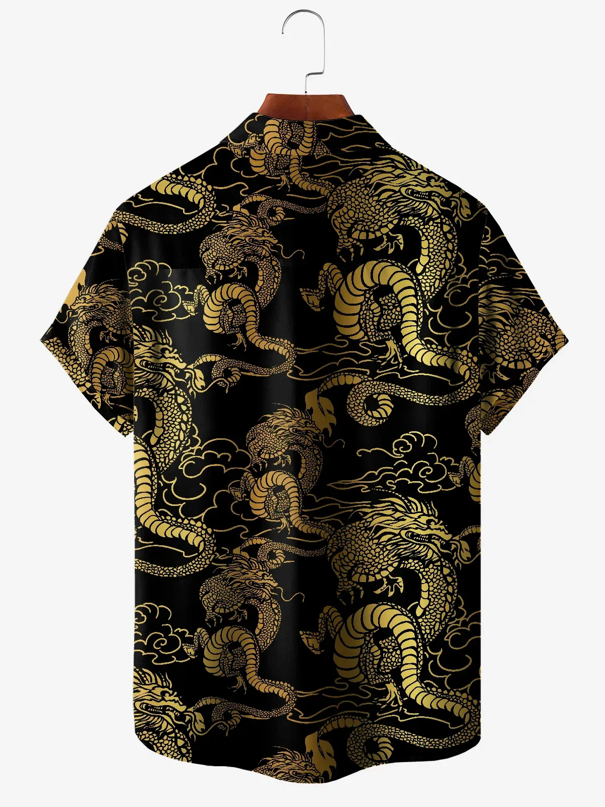 Men's Casual Gold Dragon Element Printed Lapel Pocket Short Sleeve Shirt