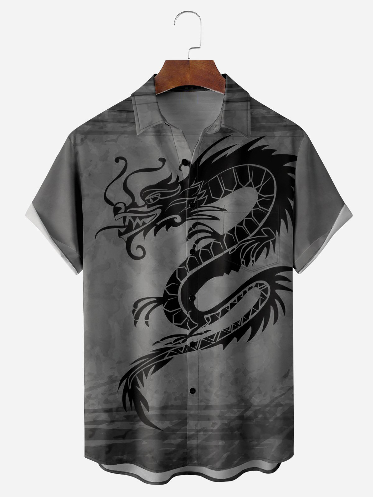 Men's Casual Black Dragon Element Printed Lapel Pocket Short Sleeve Shirt