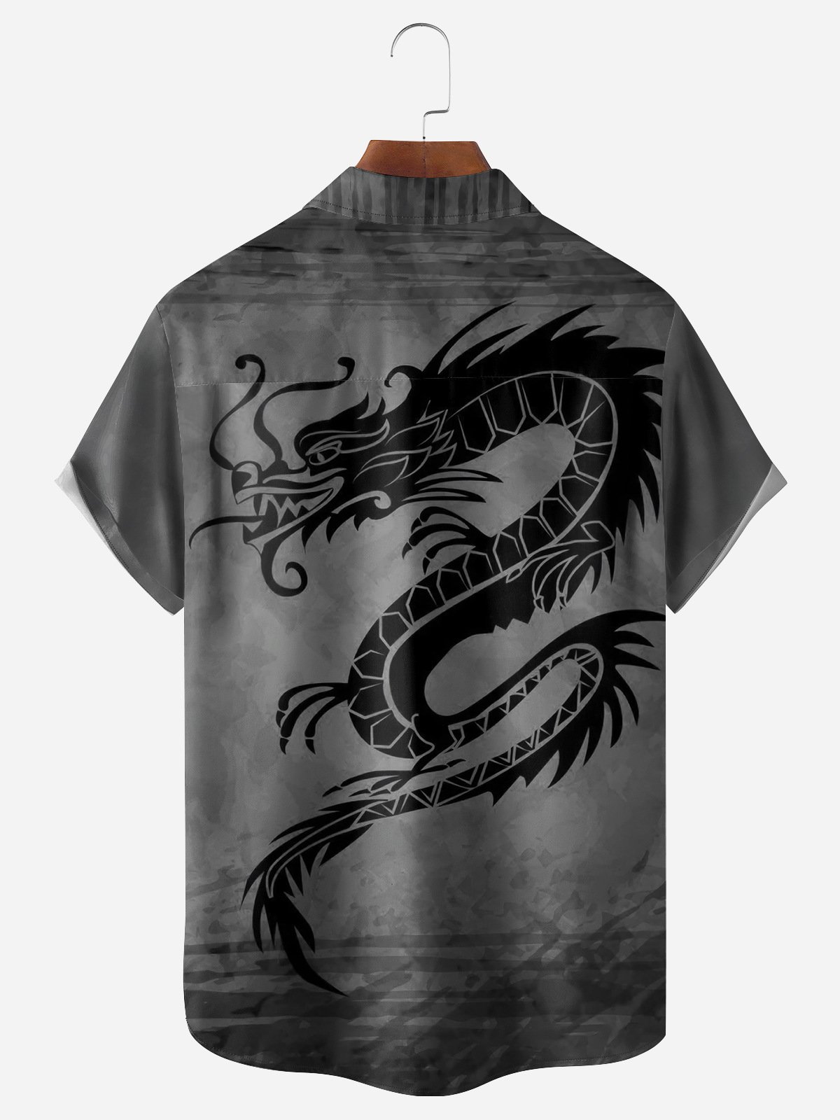Men's Casual Black Dragon Element Printed Lapel Pocket Short Sleeve Shirt
