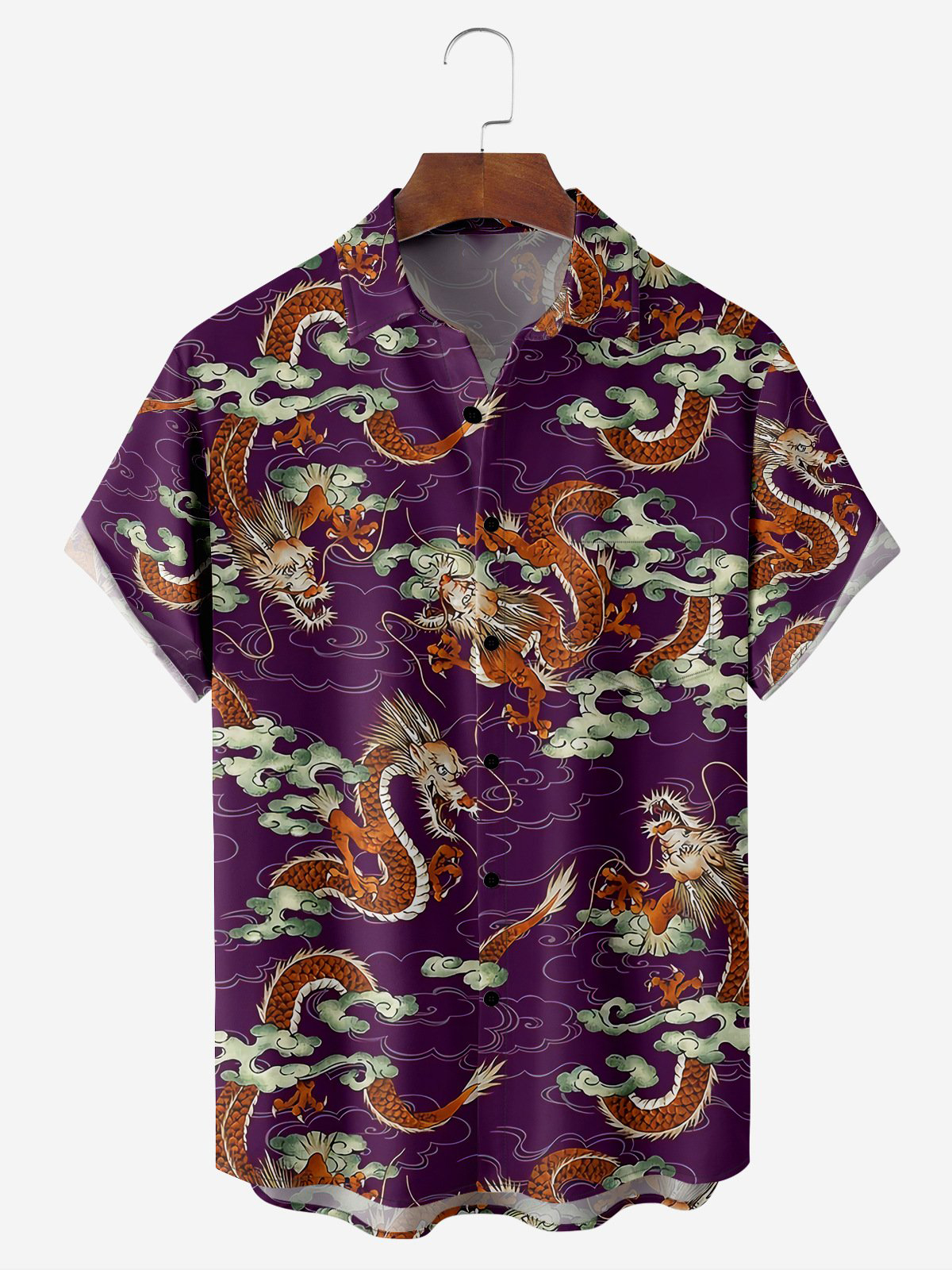 Men's Casual Dragon Cloud Element Printed Lapel Pocket Short Sleeve Shirt