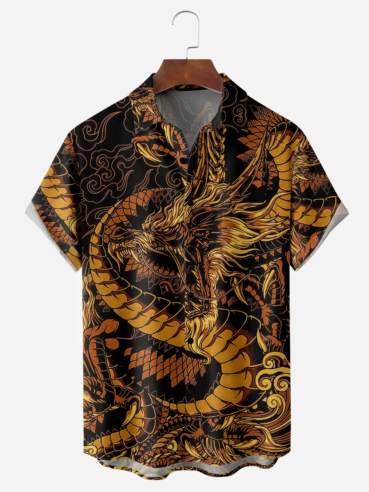 Men's Casual Cartoon Dragon Element Printed Lapel Pocket Short Sleeve Shirt