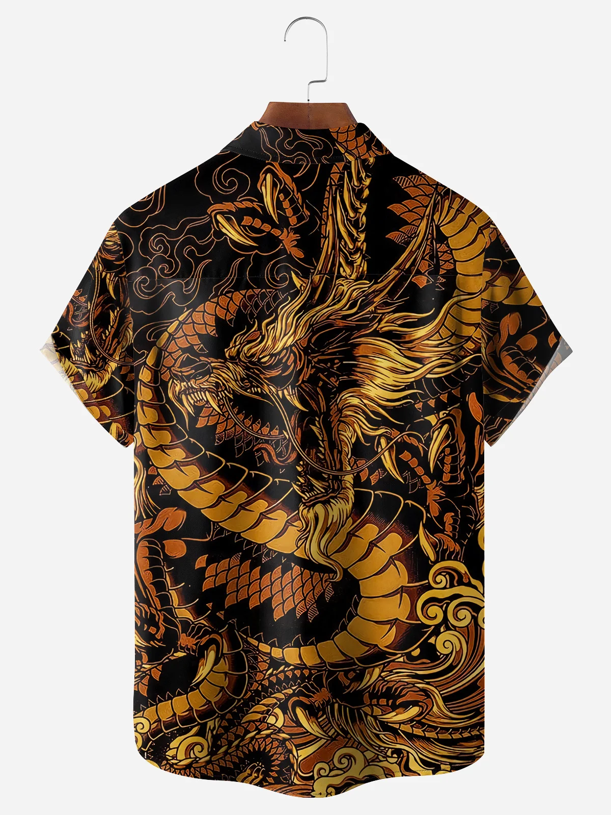 Men's Casual Cartoon Dragon Element Printed Lapel Pocket Short Sleeve Shirt