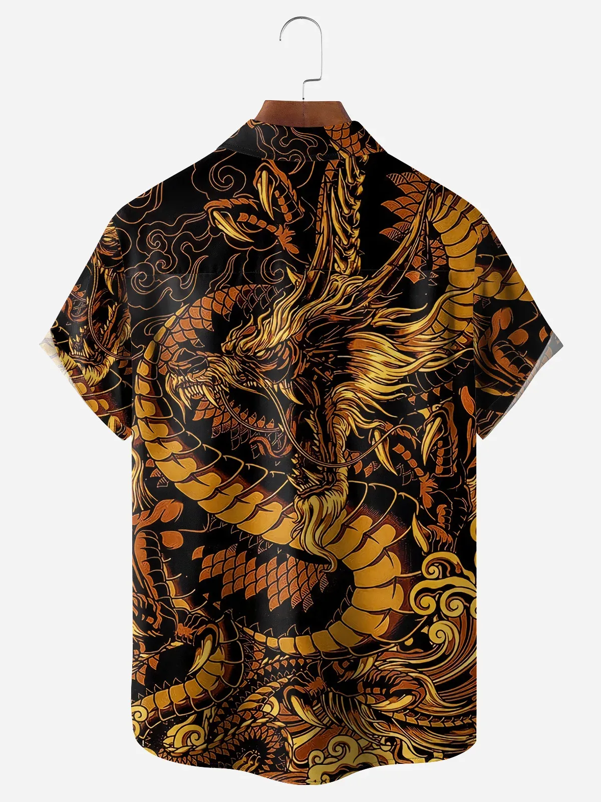 Men's Casual Cartoon Dragon Element Printed Lapel Pocket Short Sleeve Shirt