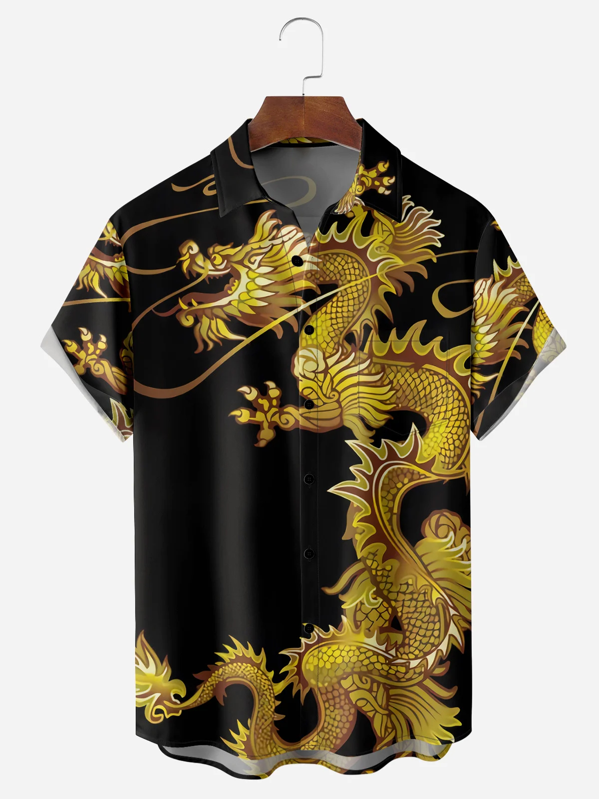 Men's Casual Gold Dragon Print Lapel Pocket Short Sleeve Shirt