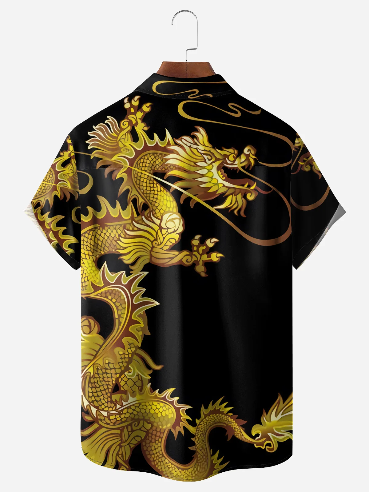 Men's Casual Gold Dragon Print Lapel Pocket Short Sleeve Shirt