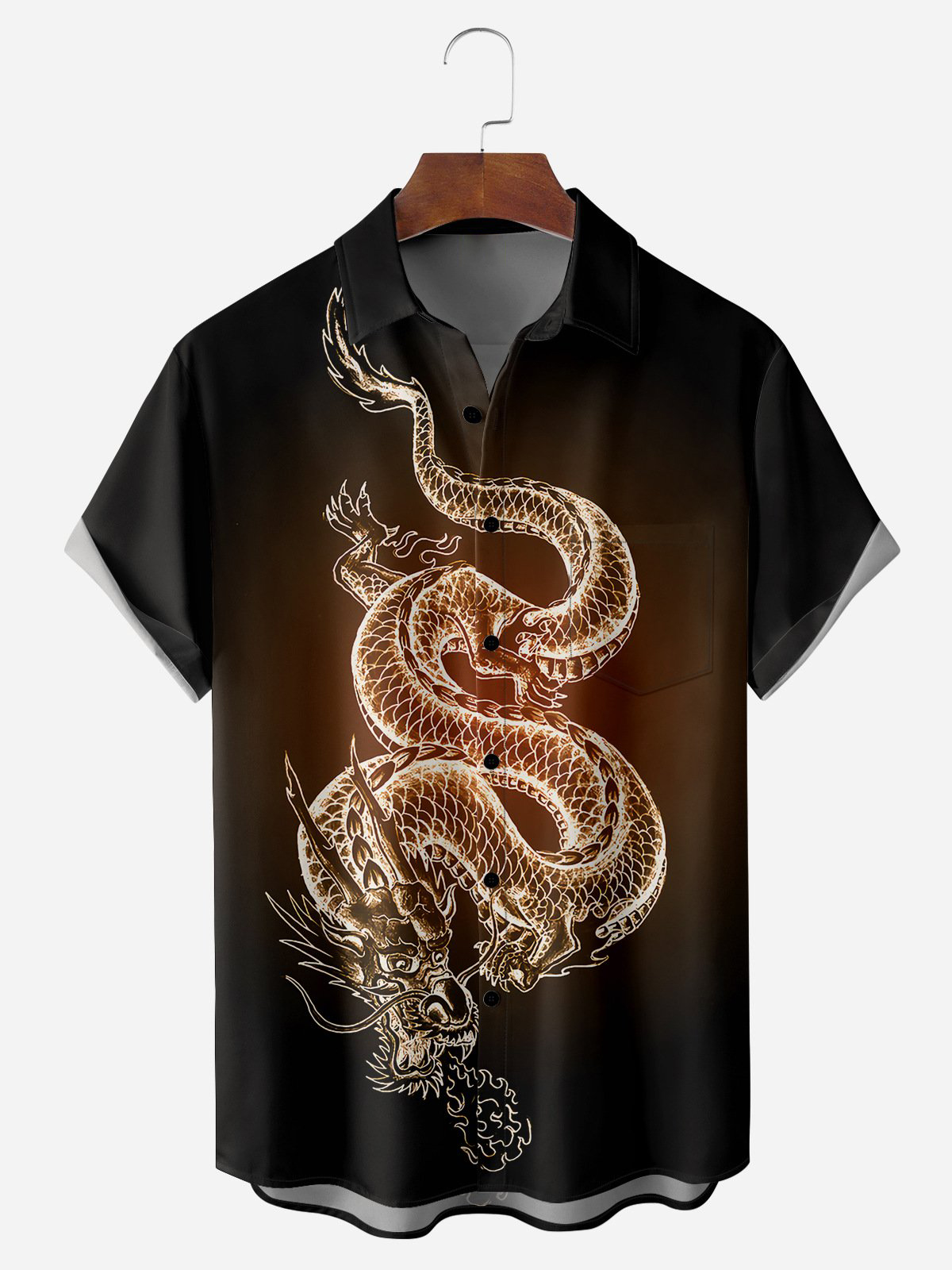 Men's Casual Gradient Dragon Print Lapel Pocket Short Sleeve Shirt
