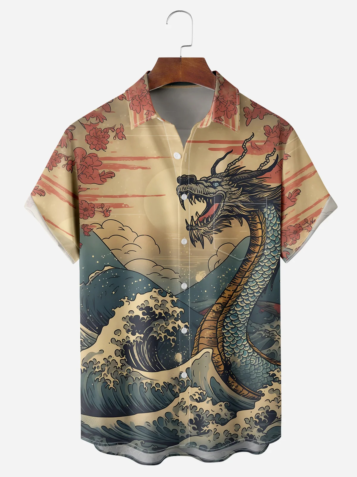 Men's Casual Ukiyo-e Dragon Wave Print Lapel Pocket Short Sleeve Shirt